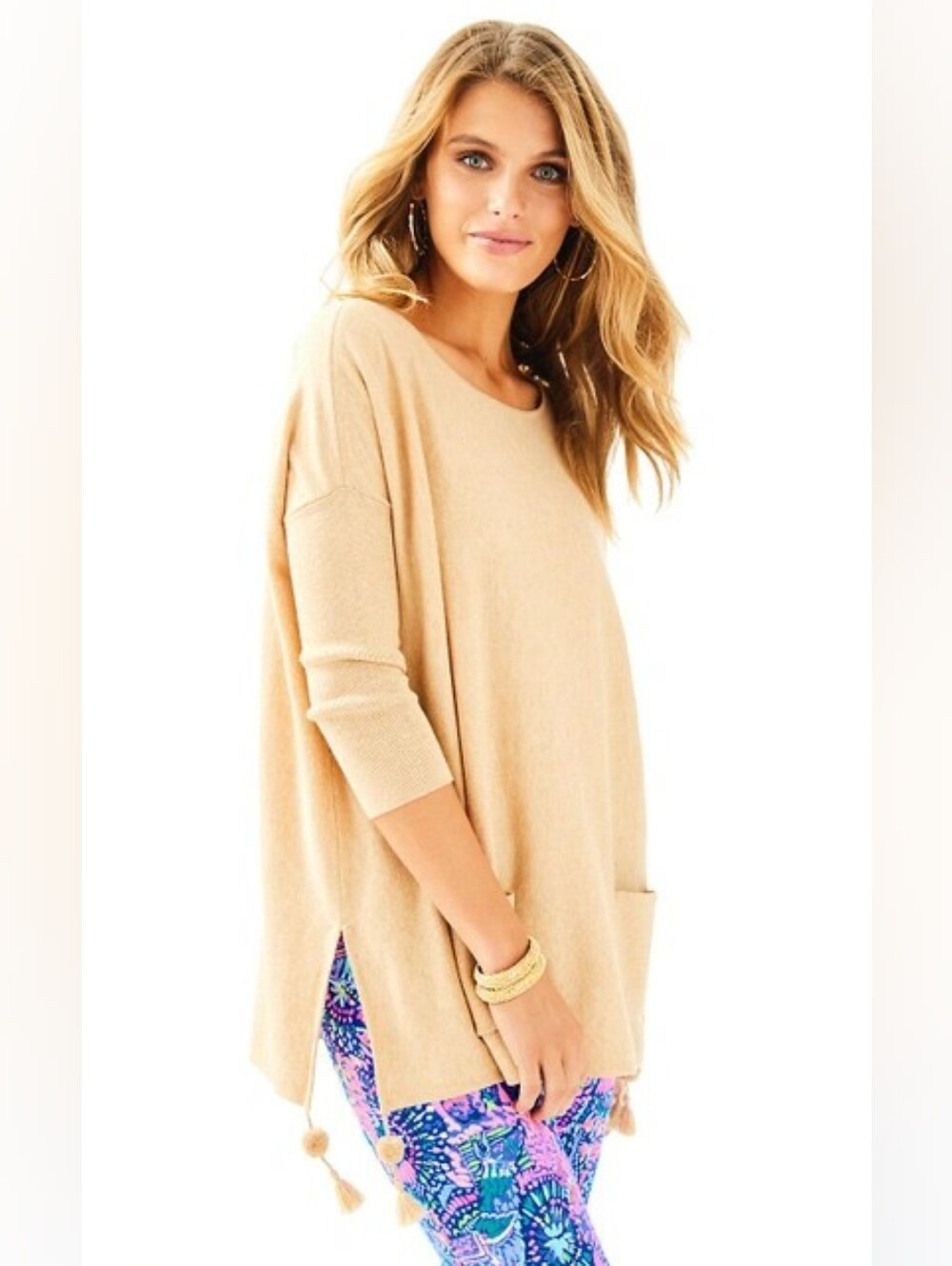 Lilly Pulitzer Elba Coolmax Tassel Tunic Poncho Oversized Tan Knit Sz XL Boho
